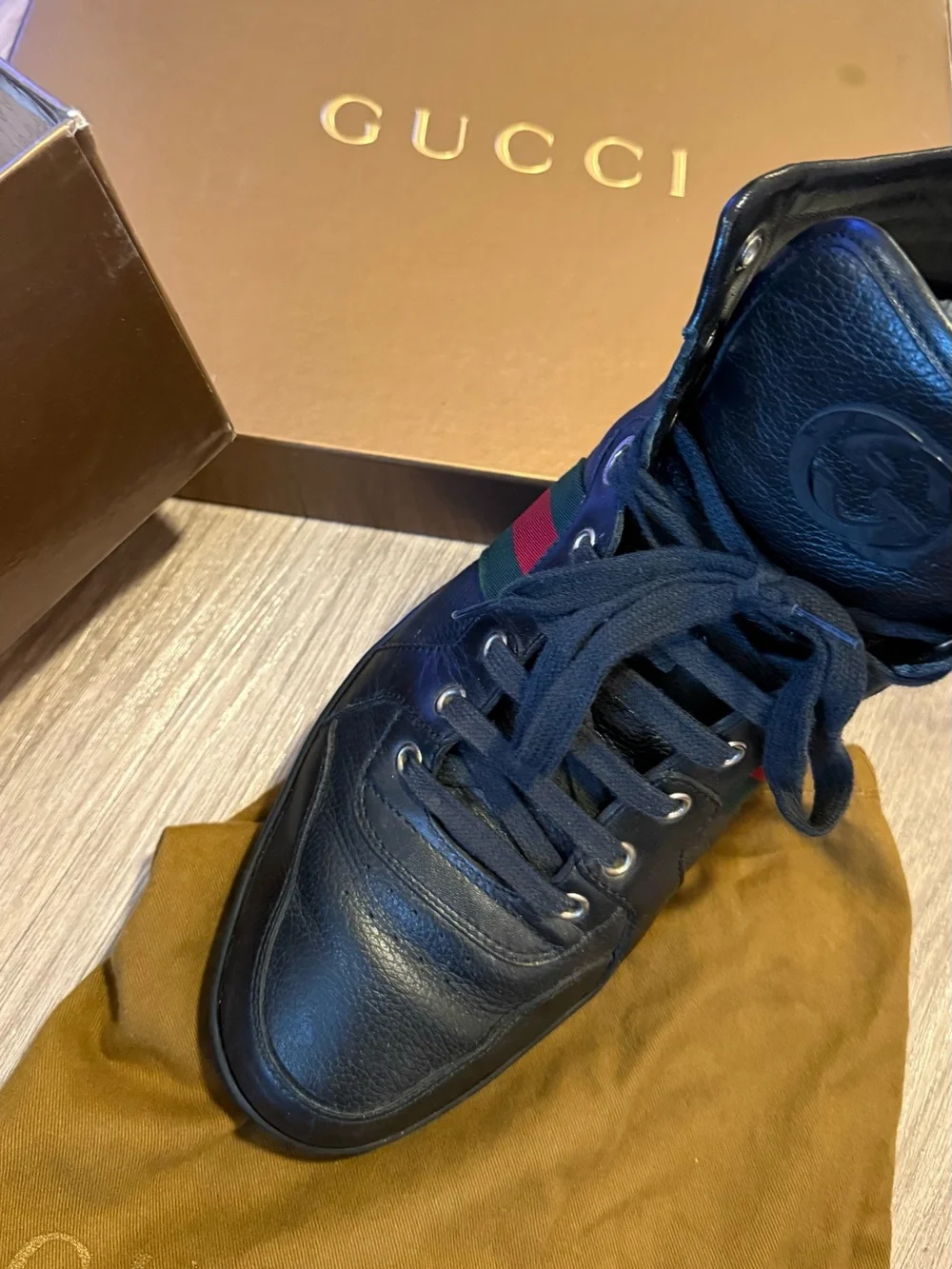 Gucci Men’s Black Leather High-Top Sneaker with Green and Red Web